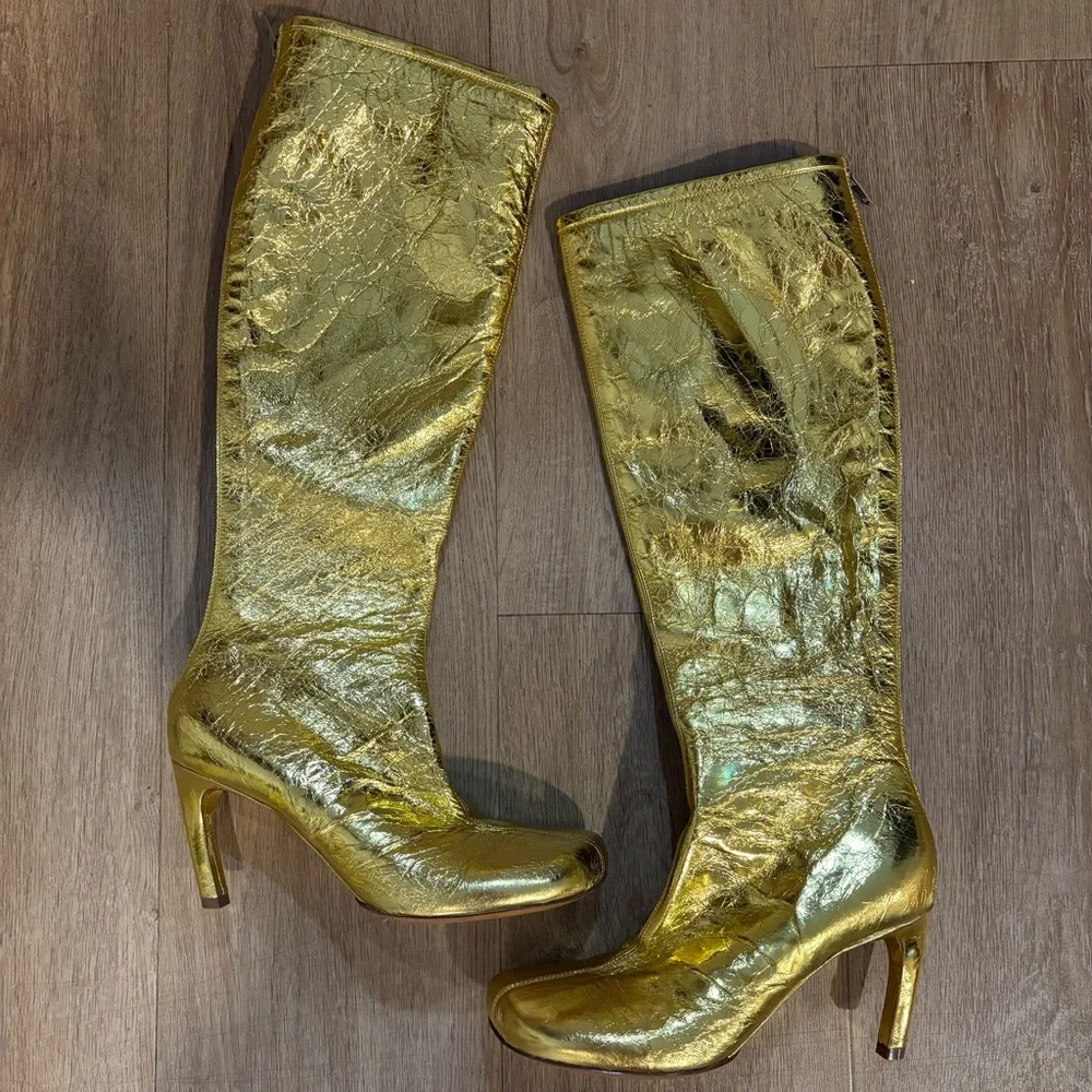 Dries Van Noten Gold Metallic Leather Statement Knee Boots Sz 36.5 - Picture 3 of 16